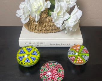 Vintage Millefiori Glass Paperweights Set of 3 Colorful Floral Art Glass