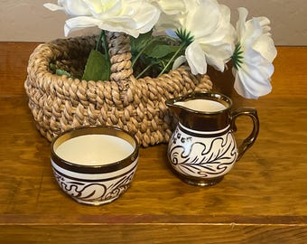 Vintage Wade England Creamer & Sugar Bowl Set – Hand Painted Gold Lustre Mini Cream Pitcher  and Open Sugar Dish