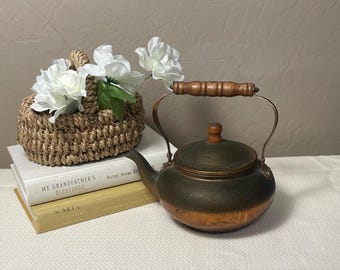 Vintage Copper Tea Kettle with Wood Handle | Rustic Farmhouse Decor