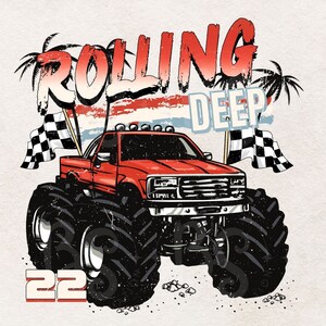 May include: A red monster truck with the words "Rolling Deep" in red and white lettering. The truck is driving through a checkered flag and has palm trees in the background.