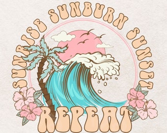 Trendy Retro Summer Png, Beach Sublimation Download, Cute Beach T shirt Design, Instant Download,  Summer sublimations, Sunset Repeat PNG