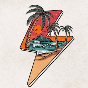 Puede incluir: Una ilustración digital de un rayo con una escena de playa en su interior. La escena incluye palmeras, una puesta de sol, olas del océano y una playa de arena.