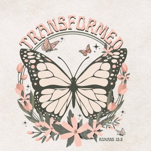 Può includere: Un grafico di farfalla rosa e nera con accenti floreali e il testo "TRANSFORMED" in un cerchio rosa. Il testo "ROMANS 12:2" è sotto la farfalla.