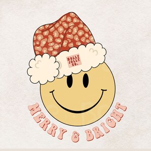 Merry and Bright PNG, Christmas Sublimation Design Download, T-Shirt Design, Clipart, Retro Sublimations PNG, Smiley Face,  DTG Printing,