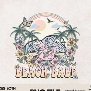 Op de afbeelding: Een digitale illustratie van een roze flamingo met een skelet dat op zijn rug rijdt. De flamingo is omringd door palmbomen, bloemen en vlinders. De tekst "BEACH BABE" staat in een retro-lettertype onder de flamingo.