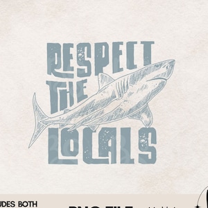 Puede incluir: Un dise&ntilde;o gr&aacute;fico azul desgastado con un tibur&oacute;n y el texto "Respect the Locals".