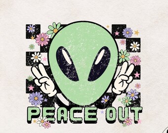 Alien PNG, Space Alien Sticker T Shirt sublimation Designs, Retro Png files for Sublimation, Digital Download Clipart, Peace Out
