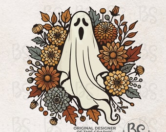 Halloween PNG, Spooky Ghost, Autumn sublimation design, Fall Floral Ghost PNG, Pumpkin, leaves, Ghost  shirt design png, Instant download