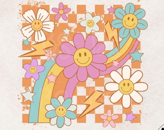Retro Sublimation PNG | Retro Sublimation Design, Digital Design Download, TShirt png, Checkered, Retro Daisy, Smile Face Png