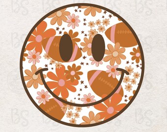 Football Shirt PNG, Smile Face Football Design PNG - Fall Happy Face PNG - Cute Football Sublimation Design - Retro Floral Football Png