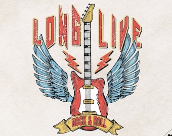 Music Sublimations, Designs Downloads, Vintage Sublimation, Png, Clipart, T Shirt Design, Long Live Rock and Roll, Retro Design, Rock, Wings