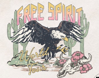 Free Spirit Png, arquivo png de design de camiseta para sublimação, design de camiseta de banda estilo vintage, download de design de sublimação de cacto do deserto