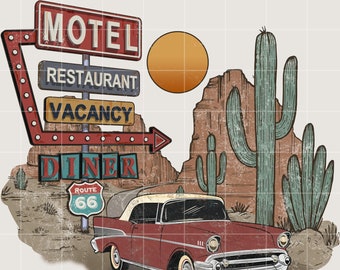 Route 66 Motel Retro Rock and Roll Desert Cactus Classic Car Sublimation Print Design T-Shirt Graphic