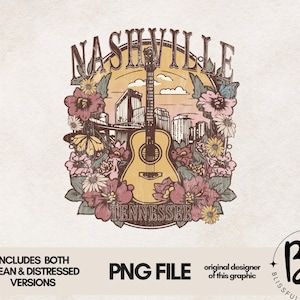 May include: A digital illustration of a guitar with flowers and the text "Nashville Tennessee".