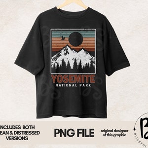 May include: A black t-shirt featuring a graphic design of a mountain range with a sunset and the text "Yosemite National Park".