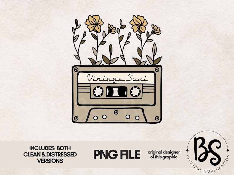 May include: A vintage cassette tape with the text "Vintage Soul" written on it.  The cassette tape is surrounded by yellow flowers with brown stems.