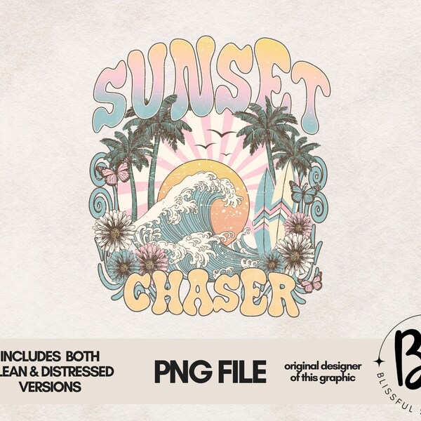 Sunset Chaser PNG file for sublimation, Retro Sublimation, Beach PNG, Sublimation design download, T-shirt design, Clipart, Palm Tree, wave