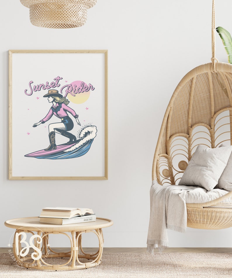 Decorative poster with a Surfing Cowgirl design, showing a cowgirl riding a surfboard with the text "Sunset Rider," perfect for home decor and wall art.