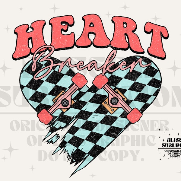 Heart Breaker PNG Retro Valentines Sublimation Shirt Design Checker Skateboard Digital Download