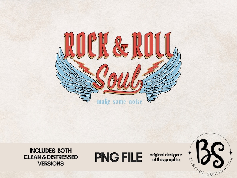 Puede incluir: Un dise&ntilde;o gr&aacute;fico con el texto "Rock & Roll Soul" en letras rojas y amarillas con alas azules y el texto "make some noise" debajo.
