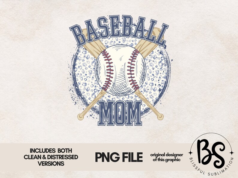 Op de afbeelding: Baseball Mom grafisch ontwerp met een honkbal en gekruiste knuppels in een blauwe en witte cirkel met een verweerd effect. De tekst "Baseball Mom" is in blauw met een witte omtrek.
