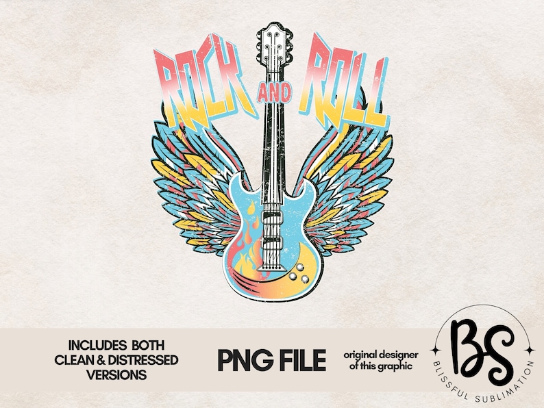 May include: A colourful graphic design featuring a guitar with wings and the text "Rock and Roll".