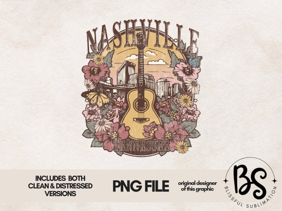 Nashville Tennessee Cityscape Wild Flower Guitar Western Sublimation Print Design T-Shirt Graphic PNG File Design Download