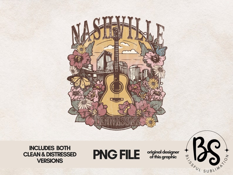 May include: A digital illustration of a guitar with flowers and the text "Nashville Tennessee".