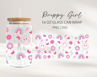 Preppy Girl Svg Groovy Libbey Glass Wrap 16 oz Iced Coffee Beer Can Glass PNG, SVG for Cricut Cut File