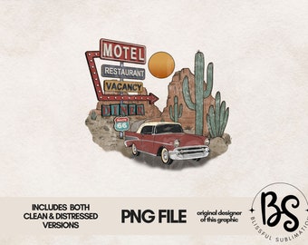 Route 66 Motel Retro Rock and Roll Desert Cactus Classic Car Sublimation Print Design T-Shirt Graphic