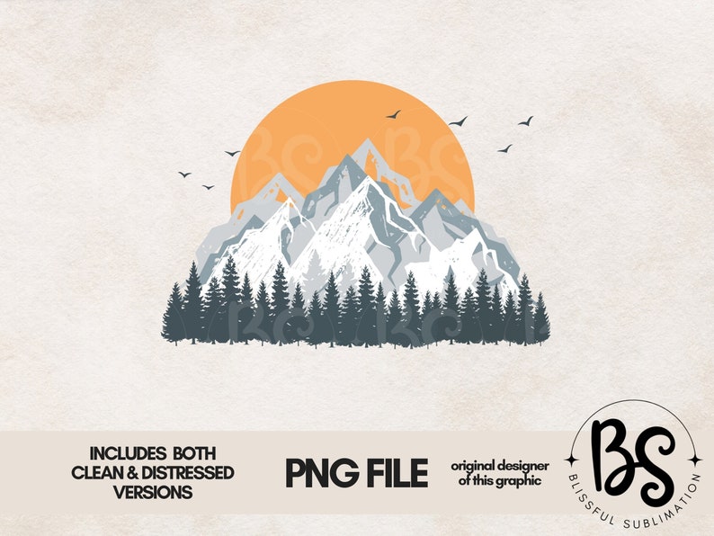 May include: A digital illustration of a mountain range with a large orange sun behind it. The mountains are a light blue and gray color with white snow on the peaks. There are dark green trees in the foreground.