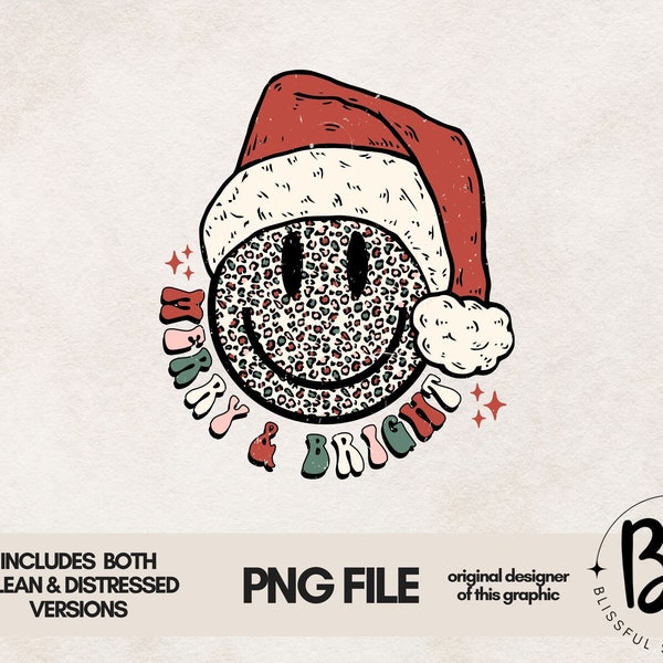 Merry and Bright PNG, Retro Christmas PNG, Retro Santa, Sublimation Design Download, Happy Face png,  Happy Santa Face, Retro Smile Face,