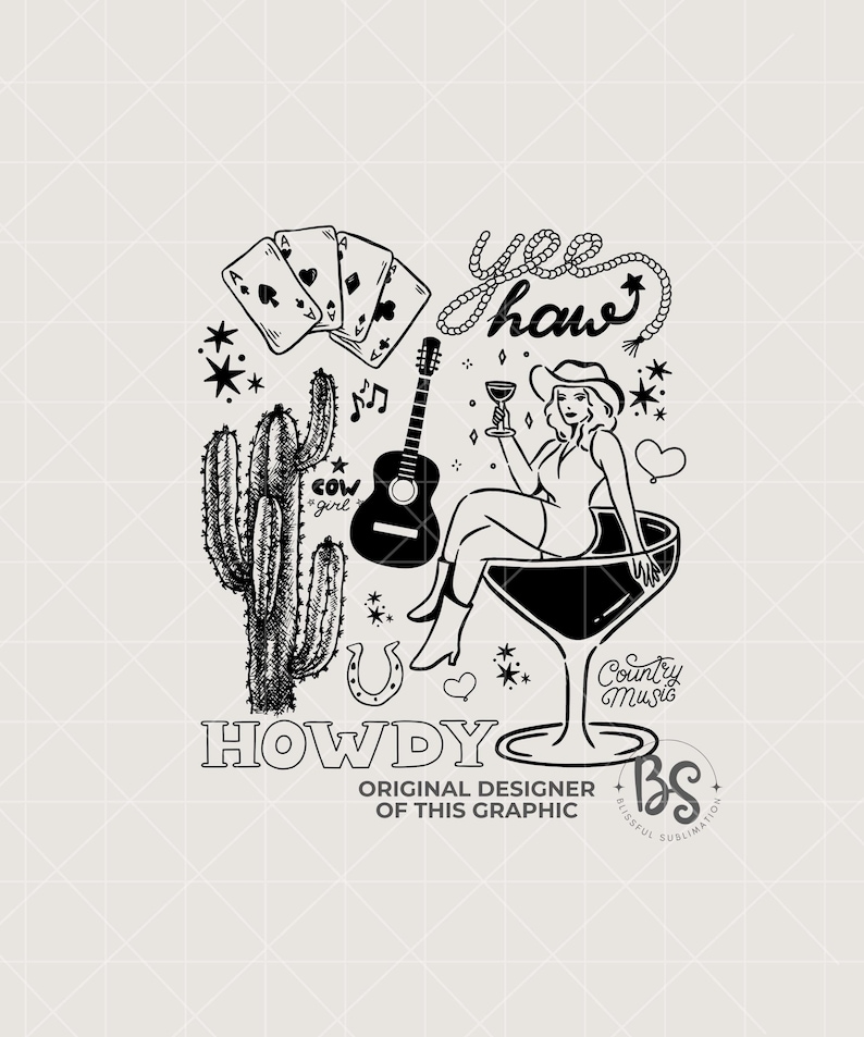 Pode incluir: Ilustra&ccedil;&atilde;o em preto e branco de uma vaqueira sentada em uma ta&ccedil;a de martini com um viol&atilde;o, um cacto, uma ferradura, cartas de jogo e o texto "Yee Haw" e "Howdy".