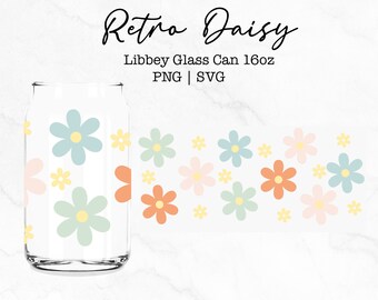 Retro Flower SVG For Libbey 16oz Can Glass, Groovy Glass Wrap Svg, Cut file Libbey glass svg, Coffee Cup Svg, Libbey Glass Wrap
