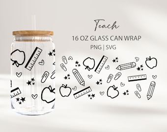 Teacher Libbey Glass Wrap 16 oz Iced Coffee Beer Can Glass Stationary School Supplies PNG, SVG for Cricut Cut File