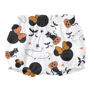 May include: White cotton baby bloomers with a Halloween print featuring black cats, pumpkins, stars, and Mickey Mouse ears with bows.