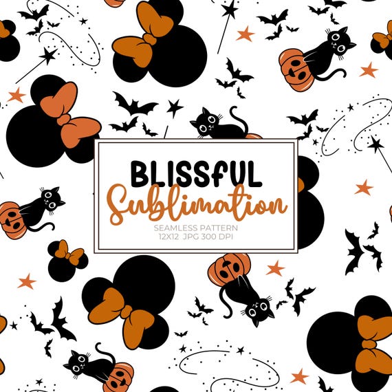 Halloween Magic Mouse Seamless Pattern, Retro Seamless Pattern for Fabric,  Scrapbook Paper, Cat and Bats Sublimation Pattern, Pumpkin Png