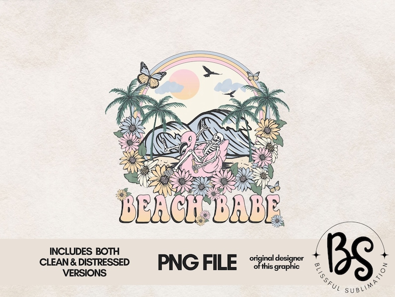 Op de afbeelding: Een digitale illustratie van een roze flamingo met een skelet dat op zijn rug rijdt. De flamingo is omringd door palmbomen, bloemen en vlinders. De tekst "BEACH BABE" staat in een retro-lettertype onder de flamingo.