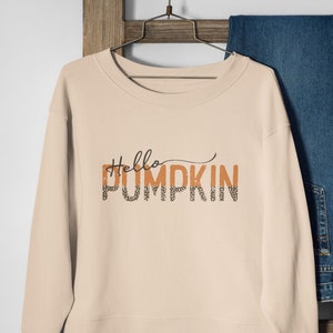 May include: A beige sweatshirt with the text "Hello Pumpkin" in orange and black letters with a leopard print design.