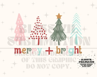 Christmas Sublimation Design Download, Christmas PNG, T-Shirt Design, Retro Sublimations PNG, Tree, Merry Bright , Vintage Sublimations