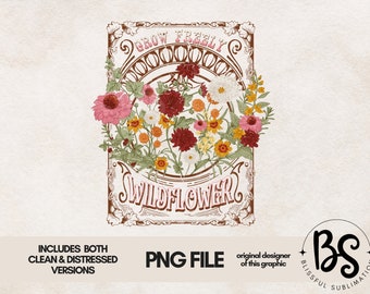 Vintage PNG-Datei für Sublimation - Wildblumen Png, Sublimationsdesign-Download - T-Shirt Design, Clipart, Inspiration, frei wachsen, Blume