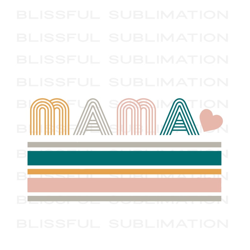 May include: A graphic design featuring the word "MAMA" in a rainbow colour scheme with a heart. The letters are made of stacked arches. The background is a series of horizontal stripes in grey, teal, yellow, and pink.