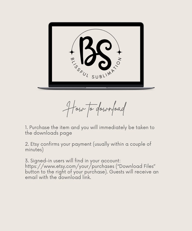 Może przedstawiać: Ekran laptopa wyświetlający instrukcje dotyczące pobierania produkt&oacute;w cyfrowych z Etsy. Tekst brzmi "How to download" i zawiera kroki zar&oacute;wno dla zalogowanych użytkownik&oacute;w, jak i gości.