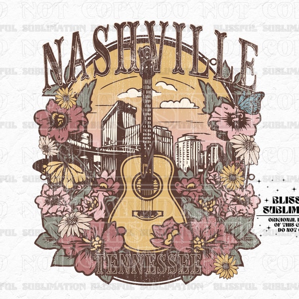 Nashville Tennessee Cityscape Wild Flower Guitar Western Sublimation Print Design T-Shirt Graphic PNG File Design Download