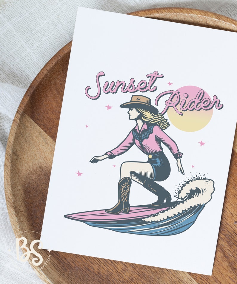 Greeting card featuring a Surfing Cowgirl illustration, with a cowgirl surfing a wave and the text "Sunset Rider," great for personalized messages and gifts