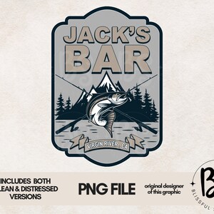 May include: A vintage-style logo for Jack's Bar, featuring a mountain scene with a fish jumping out of the water, two crossed fishing rods, and the text "Virgin River, CA".