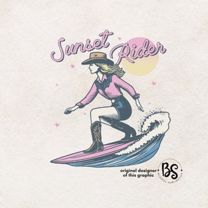 High-quality mockup of a Surfing Cowgirl PNG sublimation design, showcasing a cowgirl on a surfboard with the text "Sunset Rider," suitable for various print projects.