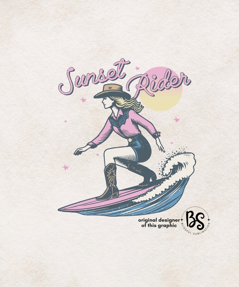 High-quality mockup of a Surfing Cowgirl PNG sublimation design, showcasing a cowgirl on a surfboard with the text "Sunset Rider," suitable for various print projects.
