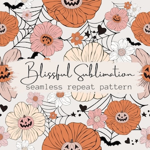 Halloween Floral Pumpkins Seamless Pattern, Retro Seamless Pattern for Fabric,  Scrapbook Paper, Spider web Sublimation Pattern, Pumpkin Png
