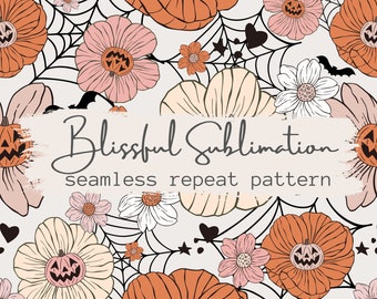 Halloween Floral Pumpkins Seamless Pattern, Retro Seamless Pattern for Fabric,  Scrapbook Paper, Spider web Sublimation Pattern, Pumpkin Png